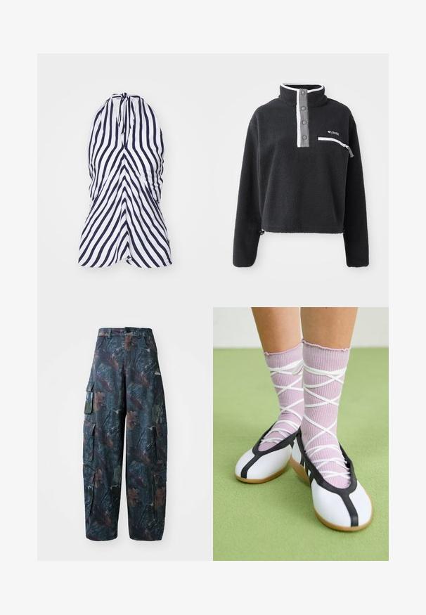 Melna flīsa džemperis ar puscieru apkakli, ar priekšējo krūšu kabatu un kontrastējošām baltām un pelēkām detaļām. Mīksta tekstūra, pārliecinošs dizains.; Halter tipa kleita ar vertikālām tumši zilām un baltām svītrām, izgatavota no viegla auduma ar savākšanas detaļām pie krūtīm un plūstošu formu.; Tums cargo bikses tumši zaļā un brūnā krāsā ar vairākiem kabatām un brīvu piegriezumu, izgatavotas no viegla, izturīga auduma.; Baltas plakans kurpes ar melniem akcentiem un zoli, saskaņoti ar gaiši violetām ribotām zeķēm ar baltām krustveida siksnām. Iestatīts zaļā fona.