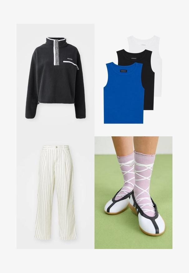 Czarny polarowy pulower z półsuwnym kołnierzem, z przednią kieszenią na klatce piersiowej oraz kontrastowymi białymi i szarymi akcentami. Miękka tekstura, krótki fason.; Trzy bezrękawniki w kolorach niebieskim, czarnym i białym. Materiał to prążkowana tkanina z okrągłym dekoltem. Każdy top ma metkę z napisem "even&odd."; Spodnie o szerokich nogawkach w kremowym materiale z pionowymi brązowymi paskami, z zapięciem na guzik i plisami z przodu dla dodatkowego efektu wizualnego.; Białe płaskie buty z czarnym wykończeniem i podeszwą, w połączeniu z jasnofioletowymi skarpetkami w prążki z białymi krzyżującymi się paskami. Ustawione na zielonym tle.
