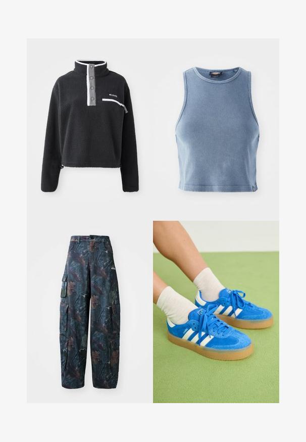 Fekete bolyhos pulóver fél cipzárral, elülső mellzsebbel és kontrasztos fehér és szürke részletekkel. Puha tapintás, rövidített fazon.; Világoskék bordázott cropped top kerek nyakkivágással és ujjatlan kialakítással. Sima textúra és kis logó részlet az alján.; Sötétzöld és barna álcázó cargo nadrág, amely több zsebből áll és laza fazonú, könnyű, tartós szövetből készült.; Kék velúr tornacipők fehér csíkkal, gumi talppal, kerek orral és szövetfűzővel. Krém színű zoknikkal párosítva, zöld felületen.