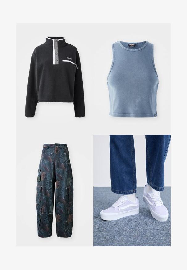 Zwarte fleece pullover met een ritskraag, voorzien van een borstzak en contrasterende witte en grijze accenten. Zachte textuur, cropped ontwerp.; Lichtblauw geribbelde crop top met een ronde halslijn en mouwloos ontwerp. Gladde textuur en een klein logo detail aan de zoom.; Camo cargobroek in donkergroen en bruin, met meerdere zakken en een losse pasvorm, gemaakt van lichtgewicht, duurzaam materiaal.; Lichtpaarse suède sneakers met witte accenten, platte veters en een dikke witte zool, gedragen met lichtgekleurde sokken en losse denim broek.