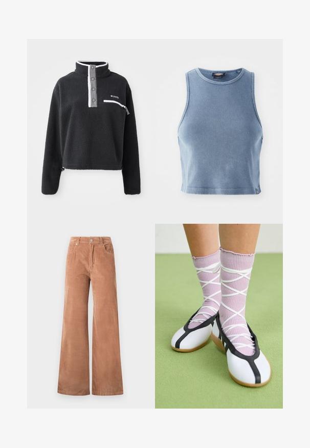 Must mustreoloogiga must fleece pullover, millel on pooltasku kaelus, ees rinna tasku ja kontrastsed valged ja hallid aktsendid. Pehme tekstuur, lühike disain.; Heledsinine ribakujuline lühike top ümmarguse kaelusega ja ilma varrukateta. Sile tekstuur ja väike logo detail allservas.; Kerged pruunid laiad puuvillased püksid eesküljel nupuga ja lukuga kinnitamine, vööloopide ja ees olevate taskutega valgel taustal.; Valged lamedad jalanõud musta ääre ja tallaga, koos heledate lillade soonikatega sokkidega, millel on valged ristvõrgud. Taustal roheline värv.