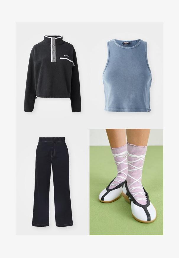Pullover de lã preto com gola de meio zíper, apresentando um bolso frontal no peito e detalhes contrastantes em branco e cinza. Textura suave, design cropped.; Top cropped rib azul claro com decote redondo e design sem mangas. Textura suave e um pequeno detalhe de logotipo na bainha.; Calças largas de cor azul-escuro feitas de algodão com uma cintura alta, apresentando costuras brancas em contraste e um design limpo e simples.; Sapatos brancos planos com detalhes e solado pretos, combinados com meias caneladas roxas claras com tiras brancas em cruz. Colocados sobre um fundo verde.