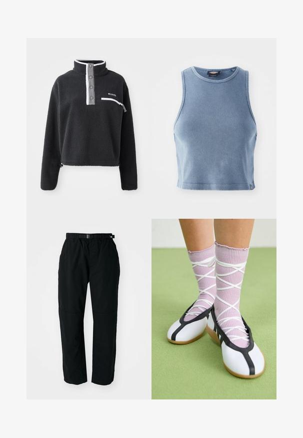 Sudadera de forro polar negra con cuello de media cremallera, que presenta un bolsillo en el pecho y acentos en blanco y gris contrastantes. Textura suave, diseño recortado.; Top corto acanalado de color azul claro con un escote redondo y diseño sin mangas. Textura suave y un pequeño detalle de logo en el dobladillo.; Pantalones ligeros negros con cinturilla elástica y cinturón ajustable. Cuentan con piernas estrechas y paneles de rodilla reforzados para mayor durabilidad.; Zapatos planos blancos con ribetes y suela negra, combinados con calcetines acanalados de color púrpura claro que presentan tiras blancas entrelazadas. Ambientado sobre un fondo verde.