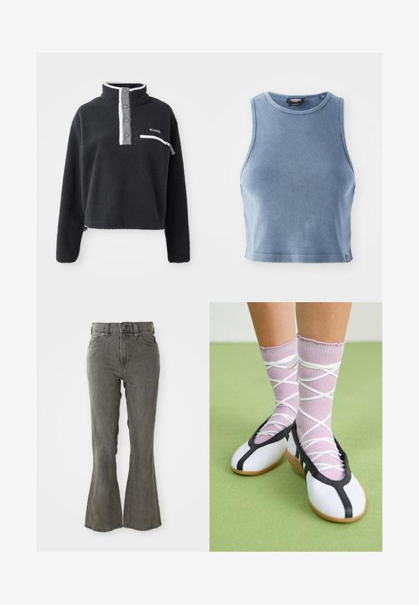 Fekete bolyhos pulóver fél cipzárral, elülső mellzsebbel és kontrasztos fehér és szürke részletekkel. Puha tapintás, rövidített fazon.; Világoskék bordázott cropped top kerek nyakkivágással és ujjatlan kialakítással. Sima textúra és kis logó részlet az alján.; Magas derekú, csípőnél bővülő szürke farmernadrág, övtartókkal, öt zsebbel és puha, texturált anyagú kivitelben.; Fehér lapos cipők fekete díszítéssel és talppal, világos lila bordázott zoknikkal, fehér keresztszalagokkal. Zöld háttér előtt.