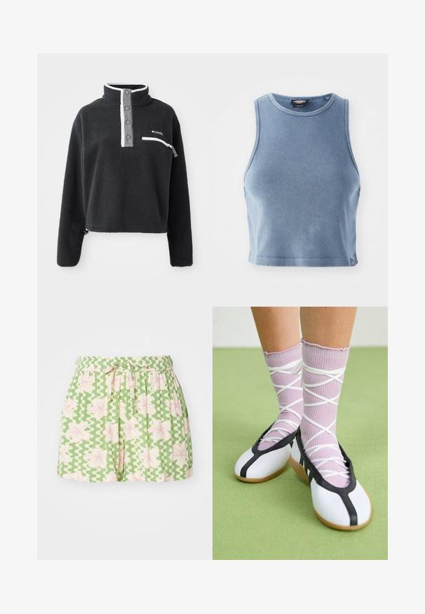 Fekete bolyhos pulóver fél cipzárral, elülső mellzsebbel és kontrasztos fehér és szürke részletekkel. Puha tapintás, rövidített fazon.; Világoskék bordázott cropped top kerek nyakkivágással és ujjatlan kialakítással. Sima textúra és kis logó részlet az alján.; Zöld rövidnadrág fehér hullámos mintával és rózsaszín virágos kiegészítőkkel. Rugalmas derékpánthoz és állítható kötőhöz rendelkezik. Könnyű anyagból készült.; Fehér lapos cipők fekete díszítéssel és talppal, világos lila bordázott zoknikkal, fehér keresztszalagokkal. Zöld háttér előtt.