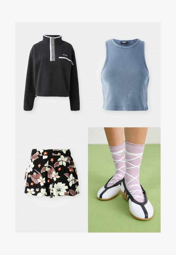 Musta fleece-pullovari, jossa on puolivetoketju-kaulus, etupuolella rintatasku ja kontrastiset valkoiset ja harmaat yksityiskohdat. Pehmeä tekstuuri, lyhyt muoto.; Vaaleansininen ribatetyt crop-top, jossa on pyöreä kaula-aukko ja hihattomuus. Pehmeä pinta ja pieni logo-tyyppitys helmaosassa.; Mustat kukkashortsit, joissa on suuret vaaleanvihreät ja oranssit kukat tummilla lehdillä, laskostettu muotoilu ja taskut sivuilla.; Valkoiset litteät kengät mustalla reunuksella ja pohjalla, yhdistettynä vaaleanliiloihin ribbatuiksi sukkiin, joissa on valkoiset ristikkäin nauhat. Taustalla vihreä väri.