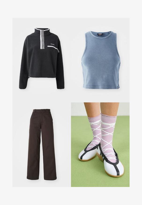 Must mustreoloogiga must fleece pullover, millel on pooltasku kaelus, ees rinna tasku ja kontrastsed valged ja hallid aktsendid. Pehme tekstuur, lühike disain.; Heledsinine ribakujuline lühike top ümmarguse kaelusega ja ilma varrukateta. Sile tekstuur ja väike logo detail allservas.; Pruunid laiad püksid nupuga kinnitamisel ja vööde jaoks silmadega, valmistatud vastupidavast kangast, millel on sile tekstuur ja selged jooned.; Valged lamedad jalanõud musta ääre ja tallaga, koos heledate lillade soonikatega sokkidega, millel on valged ristvõrgud. Taustal roheline värv.