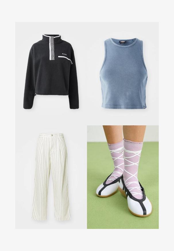 Juodas vilnonis puloveris su pusiau užtrauktuku, turintis priekinę krūtinės kišenę ir kontrastingus baltus bei pilkus akcentus. Minkšta tekstūra, trumpas dizainas.; Šviesiai mėlynas raukšlėtas trumpas marškinėliai su apvaliu iškirpimu ir be rankovių dizainu. Lygus paviršius ir mažas logotipo detalė prie apvado.; Kreminių audinių plačios kojos kelnės su vertikaliomis rudomis juostelėmis, turinčios mygtuko užsegimą ir priekinėmis raukšlėmis, suteikiančiomis papildomą dizaino detalę.; Balti plokšti batai su juodu apvadu ir padu, derinami su šviesiai violetinėmis raukšlėtomis kojinėmis, turinčiomis baltomis kryžminėmis juostelėmis. Nustatyti žaliame fone.