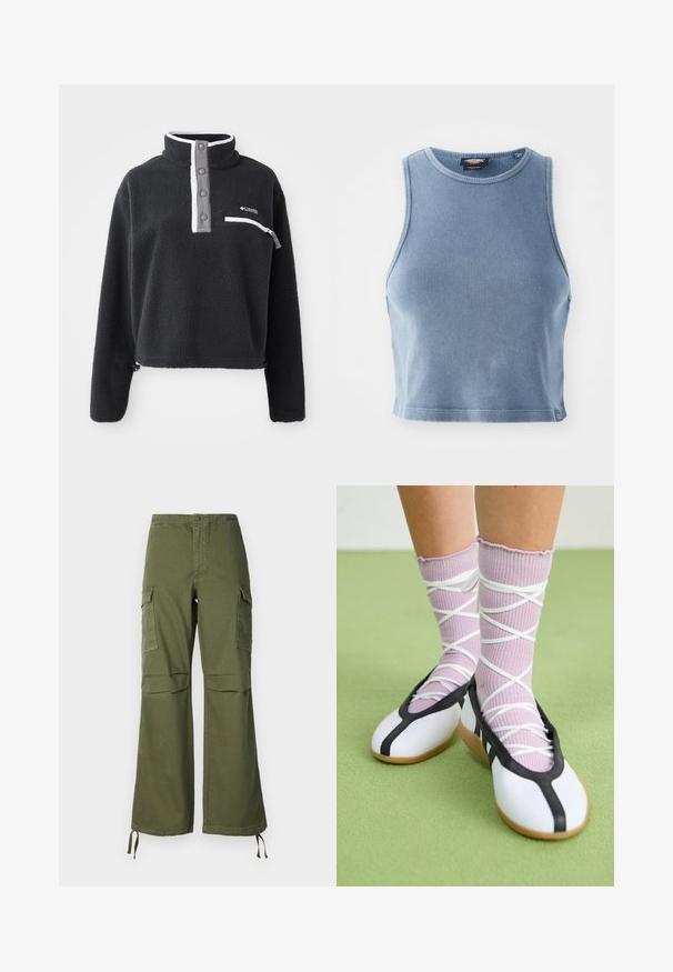 Melna flīsa džemperis ar puscieru apkakli, ar priekšējo krūšu kabatu un kontrastējošām baltām un pelēkām detaļām. Mīksta tekstūra, pārliecinošs dizains.; Gaiši zils ribots īsa augšdaļa ar apļa formas dekoltē un bez piedurknēm. Gluda tekstūra un neliels logotipa detalizējums apakšmalā.; Olīvzaļas kokvilnas kargo bikses ar plaša kāju dizainu, divām sānu kabatām un regulējamiem saitēm apakšējā daļā.; Baltas plakans kurpes ar melniem akcentiem un zoli, saskaņoti ar gaiši violetām ribotām zeķēm ar baltām krustveida siksnām. Iestatīts zaļā fona.