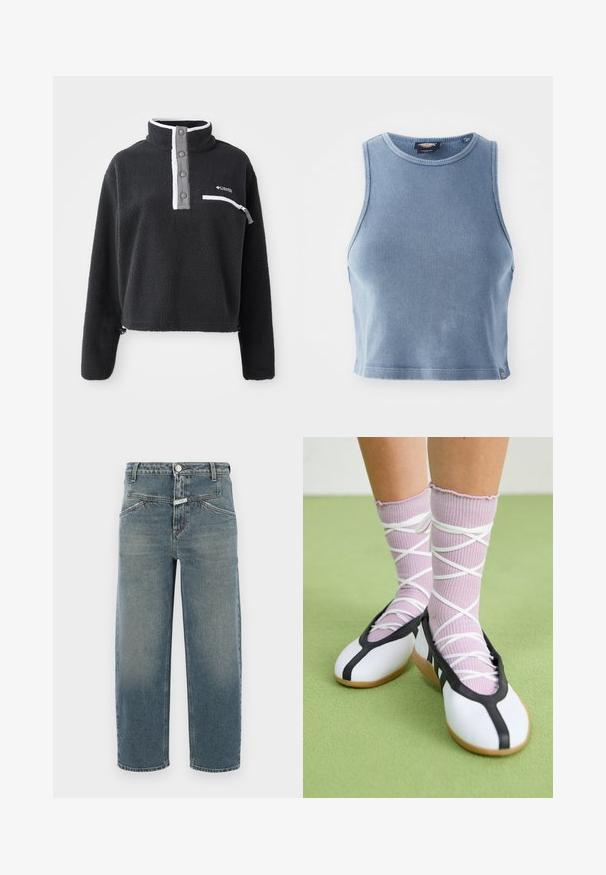 Sudadera de forro polar negra con cuello de media cremallera, que presenta un bolsillo en el pecho y acentos en blanco y gris contrastantes. Textura suave, diseño recortado.; Top corto acanalado de color azul claro con un escote redondo y diseño sin mangas. Textura suave y un pequeño detalle de logo en el dobladillo.; CLOSED STOVER X - Vaqueros tapered - mid blue; Zapatos planos blancos con ribetes y suela negra, combinados con calcetines acanalados de color púrpura claro que presentan tiras blancas entrelazadas. Ambientado sobre un fondo verde.