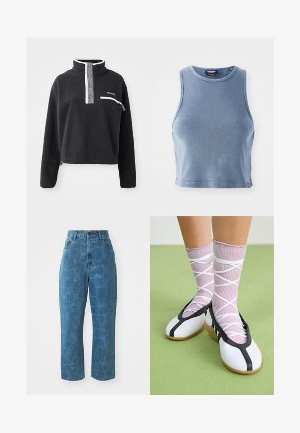 Čierny fleecový pulóver s polovičným zipsom a golierom, obsahujúci prednú vrecko na hrudi s kontrastnými bielymi a šedými akcentmi. Mäkká textúra, skrátený strih.; Svetlomodrý rebrovaný crop top s okrúhlym výstrihom a bezrukávovým dizajnom. Hladká textúra a malé logo na leme.; Svetlomodré denim nohavice s jemnou vzorovanou textúrou, vysokým pásom a rovný strih. Obsahujú predné zapínanie na gombík a zips.; Biele ploché topánky s čiernymi ozdobami a podrážkou, doplnené svetlopurpurovými rebrovanými ponožkami s bielymi krížovými pásikmi. Umiestnené na zelenom pozadí.