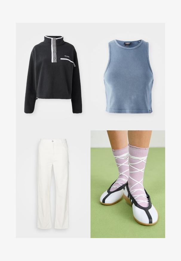 Melna flīsa džemperis ar puscieru apkakli, ar priekšējo krūšu kabatu un kontrastējošām baltām un pelēkām detaļām. Mīksta tekstūra, pārliecinošs dizains.; Gaiši zils ribots īsa augšdaļa ar apļa formas dekoltē un bez piedurknēm. Gluda tekstūra un neliels logotipa detalizējums apakšmalā.; Baltas kokvilnas taisnas kājas bikses ar priekšējo pogu aizdari, jostas cilpām un sānu kabatām. Gluda tekstūra bez redzamām rakstu detaļām.; Baltas plakans kurpes ar melniem akcentiem un zoli, saskaņoti ar gaiši violetām ribotām zeķēm ar baltām krustveida siksnām. Iestatīts zaļā fona.