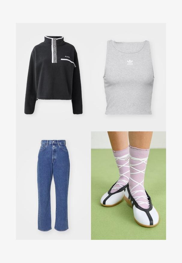 Juodas vilnonis puloveris su pusiau užtrauktuku, turintis priekinę krūtinės kišenę ir kontrastingus baltus bei pilkus akcentus. Minkšta tekstūra, trumpas dizainas.; Pilkas, be rankovių, trumpas viršus, pagamintas iš minkštos medžiagos, su apvaliu kaklu ir mažu baltu "Adidas" logotipu ant krūtinės.; Mėlynos džinsinės kelnės su aukšta juosmens linija, tiesiomis kojomis, turinčios penkis kišenes, diržo kilpas ir subtilius siuvinėjimo akcentus. Lygi tekstūra.; Balti plokšti batai su juodu apvadu ir padu, derinami su šviesiai violetinėmis raukšlėtomis kojinėmis, turinčiomis baltomis kryžminėmis juostelėmis. Nustatyti žaliame fone.