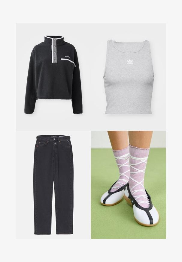 Črn flis pulover s pol zadrgo, z žepom na sprednjem delu in kontrastnimi belimi in sivo-sivimi detajli. Mehka tekstura, skrajšan dizajn.; Sivina brezrokavna cropped majica iz mehkega blaga, z okroglim izrezom in majhnim belim Adidasovim logotipom na prsih.; Črni jeans s ravnim krojem, ki vključujejo bakrene zakovice, zapiranje na gumb in pet žepov. Čista zasnova brez dodatnih okraskov.; Bele čevlji z ravnim podplatom in črnim robom ter podplatom, v kombinaciji s svetlo vijoličastimi rebrastimi nogavicami, ki imajo bele križaste trakove. Postavljeni na zeleni podlagi.