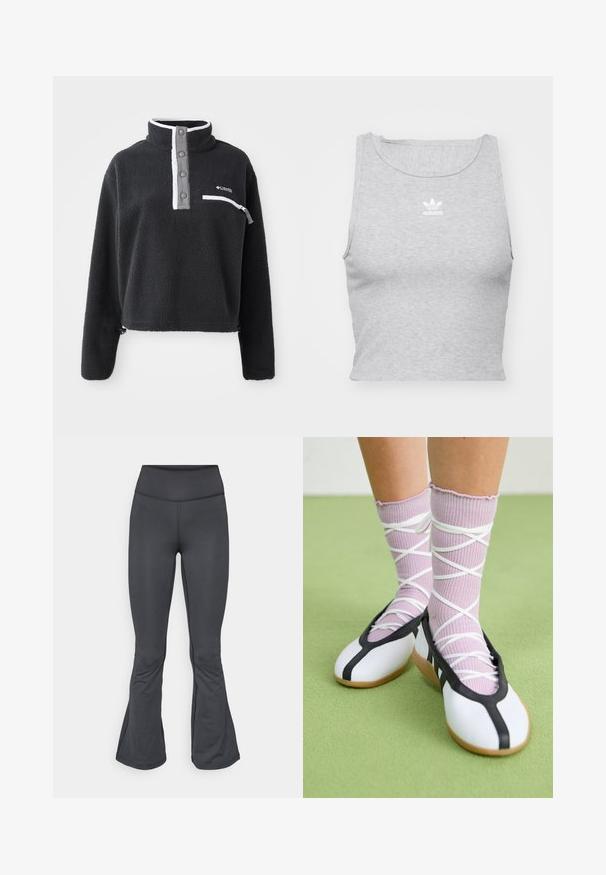 Pull en polaire noir avec un col zippé moitié, présentant une poche poitrine avant et des accents contrastés blancs et gris. Texture douce, design court.; Top court sans manches gris en tissu doux, avec un col rond et un petit logo Adidas blanc sur la poitrine.; Leggings gris avec un design évasé en bas, fabriqués à partir d'un matériau lisse et extensible, présentant une taille haute et une construction sans coutures.; Des chaussures plates blanches avec des bords et une semelle noirs, assorties à des chaussettes côtelées violettes claires avec des lanières blanches croisées. Placées sur un fond vert.