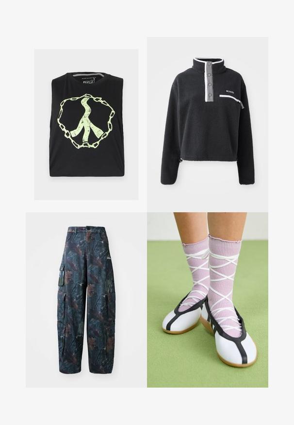 Crni flis pulover s polu-zatvaračem, sa prednjim džepom na grudima i kontrastnim bijelim i sivim detaljima. Mekan materijal, skraćeni dizajn.; Crna majica bez rukava s velikim, izblijedjelim, svijetlozelenim simbolom mira koji je opremljen dizajnom lanca. Izrađena od mekog pamučnog materijala.; Maskirne cargo hlače u tamnozelenoj i smeškoj boji, sa višestrukim džepovima i slobodnim krojem, izrađene od laganog, izdržljivog materijala.; Bijele ravne cipele s crnim obrubom i potplatom, uparene s svijetlopurpurastim rebrastim čarapama koje imaju bijele križne trake. Postavljene na zelenoj pozadini.