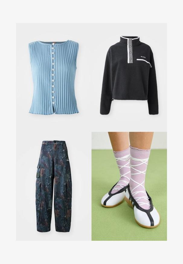 Fekete bolyhos pulóver fél cipzárral, elülső mellzsebbel és kontrasztos fehér és szürke részletekkel. Puha tapintás, rövidített fazon.; Világos kék, ujjatlan top, függőleges bordázott mintázattal és kerek nyakkivágással. Elöl fehér gombokkal díszített, és az alsó szegélyén egy enyhe hasíték található.; Sötétzöld és barna álcázó cargo nadrág, amely több zsebből áll és laza fazonú, könnyű, tartós szövetből készült.; Fehér lapos cipők fekete díszítéssel és talppal, világos lila bordázott zoknikkal, fehér keresztszalagokkal. Zöld háttér előtt.