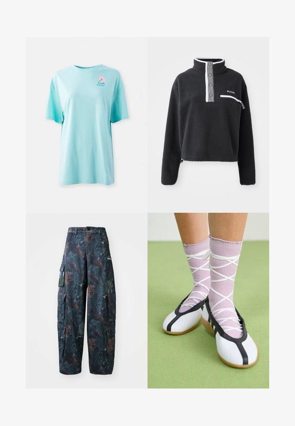 Melna flīsa džemperis ar puscieru apkakli, ar priekšējo krūšu kabatu un kontrastējošām baltām un pelēkām detaļām. Mīksta tekstūra, pārliecinošs dizains.; Gaiši zila kokvilnas T-kreklu, īsas piedurknes, apaļš kakls. Uz augšējās kreisās krūtis ir izdrukāta rozā zieda un logotipa kompozīcija. Mīksta tekstūra.; Tums cargo bikses tumši zaļā un brūnā krāsā ar vairākiem kabatām un brīvu piegriezumu, izgatavotas no viegla, izturīga auduma.; Baltas plakans kurpes ar melniem akcentiem un zoli, saskaņoti ar gaiši violetām ribotām zeķēm ar baltām krustveida siksnām. Iestatīts zaļā fona.