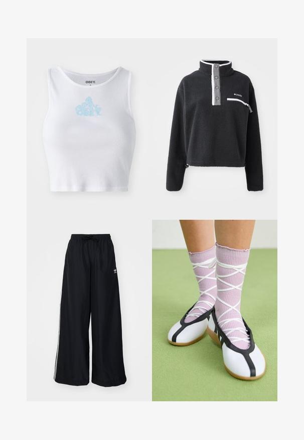 Fekete bolyhos pulóver fél cipzárral, elülső mellzsebbel és kontrasztos fehér és szürke részletekkel. Puha tapintás, rövidített fazon.; Fehér bordázott crop top, kerek nyakkivágással és világoskék "OBEY" logóval a mellkas közepén. Sima textúra és testhezálló kialakítás.; Fekete, bő szabású nadrág, könnyű anyagból készült. Rugalmas derékkal, zsinórral és fehér oldalcsíkokkal rendelkezik. Márkalogó a csípőn.; Fehér lapos cipők fekete díszítéssel és talppal, világos lila bordázott zoknikkal, fehér keresztszalagokkal. Zöld háttér előtt.