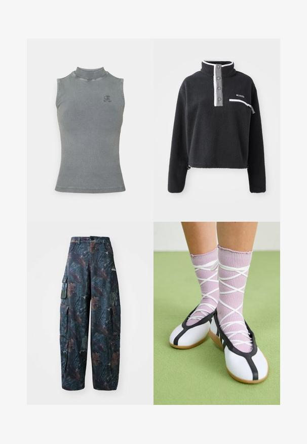 Čierny fleecový pulóver s polovičným zipsom a golierom, obsahujúci prednú vrecko na hrudi s kontrastnými bielymi a šedými akcentmi. Mäkká textúra, skrátený strih.; Sivý rebrovaný tielko s vysokým golierom a bezrukávovým dizajnom. Obsahuje malé vyšívané logo na hrudi a priliehavý strih.; Maskáčové cargo nohavice v tmavozeleno-hnedej farbe, s viacerými vreckami a voľným strihom, vyrobené z ľahkej a odolnej tkaniny.; Biele ploché topánky s čiernymi ozdobami a podrážkou, doplnené svetlopurpurovými rebrovanými ponožkami s bielymi krížovými pásikmi. Umiestnené na zelenom pozadí.