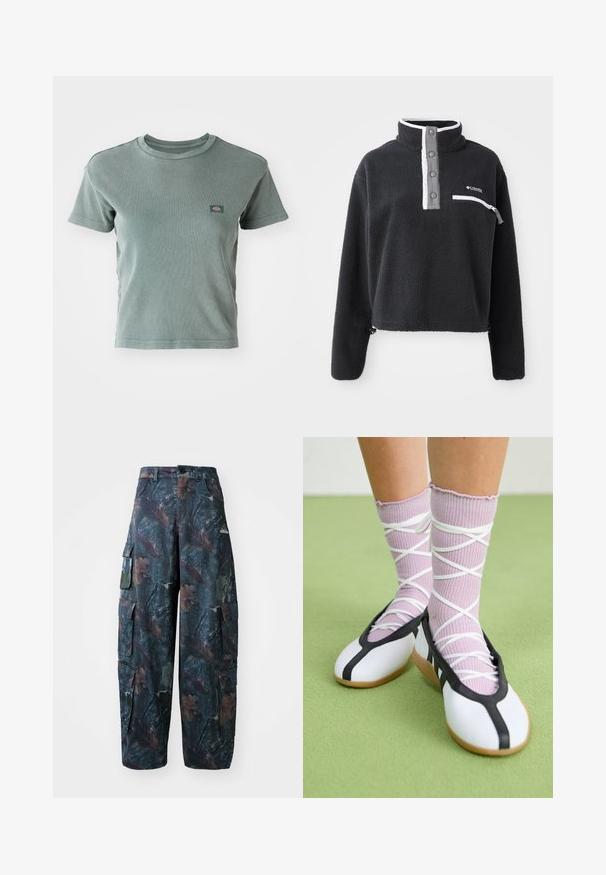 Juodas vilnonis puloveris su pusiau užtrauktuku, turintis priekinę krūtinės kišenę ir kontrastingus baltus bei pilkus akcentus. Minkšta tekstūra, trumpas dizainas.; Ribota, trumpa rankovė t-shirt šviesiai žaliai, su apvalia iškirpte ir mažu logotipu ant krūtinės. Minkšta, tekstūruota medžiaga.; Tamsiai žalios ir rudos kamufliažinės krovinių kelnės, turinčios daug kišenių ir laisvą siluetą, pagamintos iš lengvos, patvarios medžiagos.; Balti plokšti batai su juodu apvadu ir padu, derinami su šviesiai violetinėmis raukšlėtomis kojinėmis, turinčiomis baltomis kryžminėmis juostelėmis. Nustatyti žaliame fone.