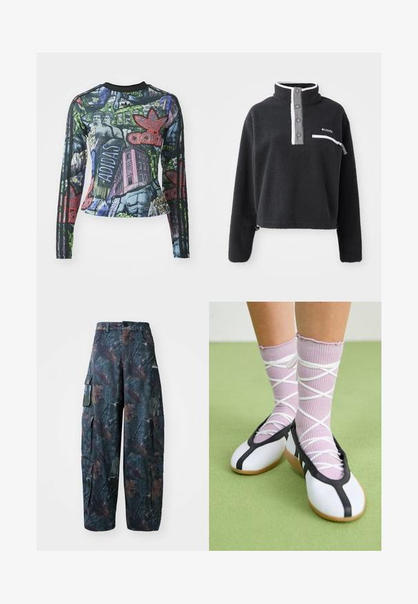 Musta fleece-pullovari, jossa on puolivetoketju-kaulus, etupuolella rintatasku ja kontrastiset valkoiset ja harmaat yksityiskohdat. Pehmeä tekstuuri, lyhyt muoto.; Pitkähiha athletic-paita, jossa on graafinen printti rohkeilla väreillä, mukaan lukien musta, vihreä ja punainen, sekä kolme mustaa raitaa jokaisessa hihassa.; Vihreät ja ruskeat camo-taskuhousut, joissa on useita taskuja ja löysä istuvuus, valmistettu kevyestä ja kestävästä kankaasta.; Valkoiset litteät kengät mustalla reunuksella ja pohjalla, yhdistettynä vaaleanliiloihin ribbatuiksi sukkiin, joissa on valkoiset ristikkäin nauhat. Taustalla vihreä väri.