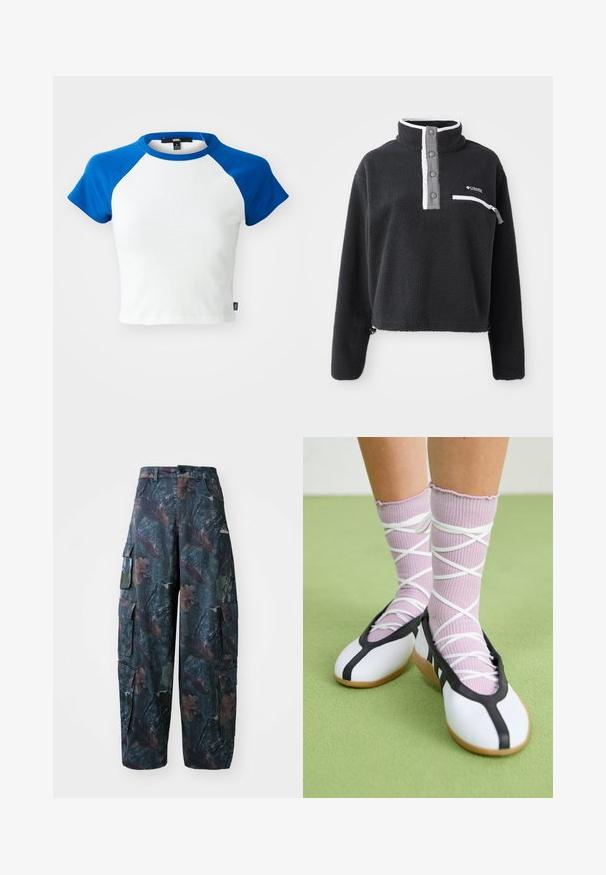 Zwarte fleece pullover met een ritskraag, voorzien van een borstzak en contrasterende witte en grijze accenten. Zachte textuur, cropped ontwerp.; Korte mouw cropped t-shirt met een witte body en blauwe raglanmouwen. Gemaakt van katoen, met een ronde halslijn en gestikte zoom.; Camo cargobroek in donkergroen en bruin, met meerdere zakken en een losse pasvorm, gemaakt van lichtgewicht, duurzaam materiaal.; Witte platte schoenen met een zwarte bies en zool, gecombineerd met lichtpaarse geribde sokken met witte kruislings banden. Geplaatst op een groene achtergrond.
