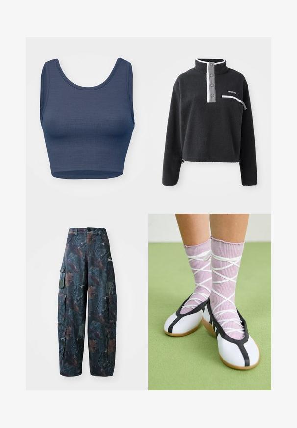 Melna flīsa džemperis ar puscieru apkakli, ar priekšējo krūšu kabatu un kontrastējošām baltām un pelēkām detaļām. Mīksta tekstūra, pārliecinošs dizains.; Tumši zils cropped tops ar apaļu dekoltē, bez piedurknēm, teksturēta auduma, un minimālistiskas šuvju detaļas gar malām.; Tums cargo bikses tumši zaļā un brūnā krāsā ar vairākiem kabatām un brīvu piegriezumu, izgatavotas no viegla, izturīga auduma.; Baltas plakans kurpes ar melniem akcentiem un zoli, saskaņoti ar gaiši violetām ribotām zeķēm ar baltām krustveida siksnām. Iestatīts zaļā fona.