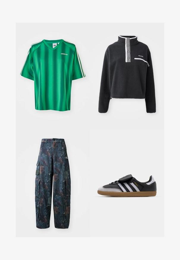 Černý fleecový pulovr s půlzipovým límcem, obsahující kapsu na přední části hrudníku a kontrastní bílé a šedé detaily. Měkká textura, zkrácený střih.; Zelené krátké tričko s proužky, výstřihem do V a logem Adidas. Má kontrastní bílé boční pruhy a hladkou, lehkou látku.; Maskovací cargo kalhoty v tmavě zelené a hnědé barvě, s mnoha kapsami a volným střihem, vyrobené z lehké a odolné tkaniny.; Černé kožené a šedé semišové tenisky s bílými pruhy, gumovou podrážkou, šněrováním v přední části a suchým zipem. Značka "Samba" v zlaté barvě.