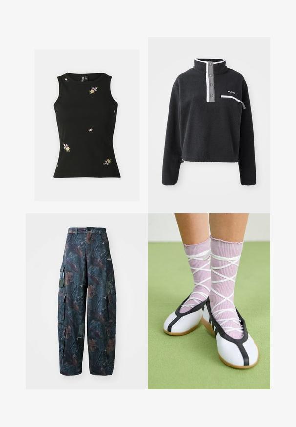Čierny fleecový pulóver s polovičným zipsom a golierom, obsahujúci prednú vrecko na hrudi s kontrastnými bielymi a šedými akcentmi. Mäkká textúra, skrátený strih.; Čierny rebrovaný bezrukávový top s multikolórovou kvetinovou výšivkou. Zaoblený výstrih a priliehavý strih, vhodný na neformálne nosenie.; Maskáčové cargo nohavice v tmavozeleno-hnedej farbe, s viacerými vreckami a voľným strihom, vyrobené z ľahkej a odolnej tkaniny.; Biele ploché topánky s čiernymi ozdobami a podrážkou, doplnené svetlopurpurovými rebrovanými ponožkami s bielymi krížovými pásikmi. Umiestnené na zelenom pozadí.