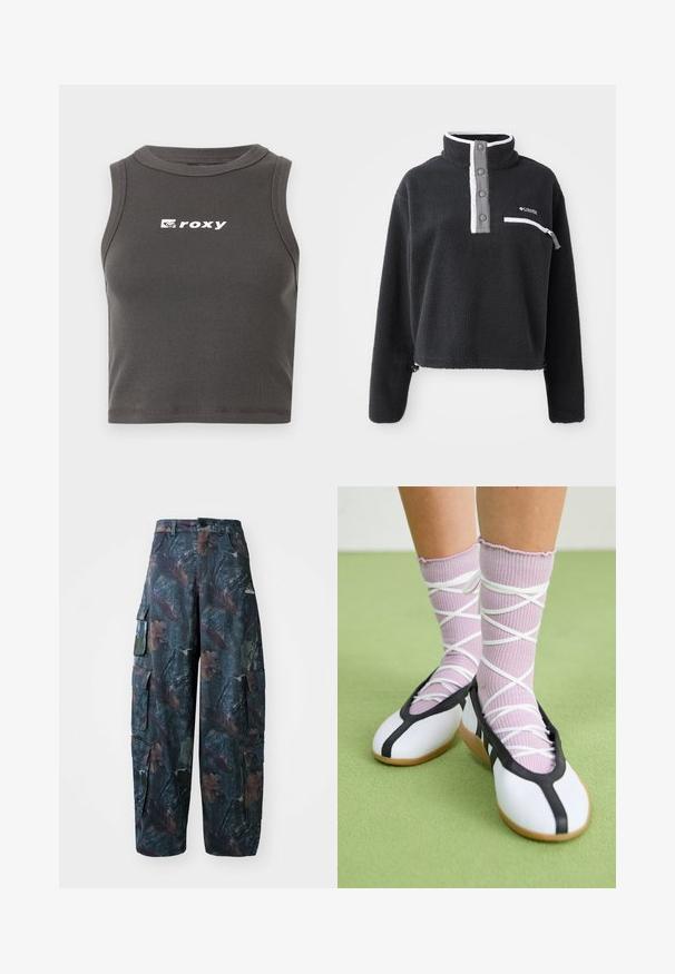 Sudadera de forro polar negra con cuello de media cremallera, que presenta un bolsillo en el pecho y acentos en blanco y gris contrastantes. Textura suave, diseño recortado.; Top de tirantes gris con canalé, corto y de escote redondo. Presenta el logo blanco de "roxy" en la parte delantera.; Pantalones cargo de camuflaje en verde oscuro y marrón, con múltiples bolsillos y un ajuste holgado, hechos de una tela ligera y resistente.; Zapatos planos blancos con ribetes y suela negra, combinados con calcetines acanalados de color púrpura claro que presentan tiras blancas entrelazadas. Ambientado sobre un fondo verde.