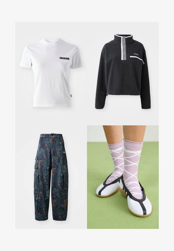 Juodas vilnonis puloveris su pusiau užtrauktuku, turintis priekinę krūtinės kišenę ir kontrastingus baltus bei pilkus akcentus. Minkšta tekstūra, trumpas dizainas.; Baltas trumpas rankovėmis T-shirts, pagamintas iš medvilnės, su apvalia kaklo iškirpte ir juodu "DICKIES" logo kairėje krūtinės pusėje. Lygus paviršius ir prigludęs dizainas.; Tamsiai žalios ir rudos kamufliažinės krovinių kelnės, turinčios daug kišenių ir laisvą siluetą, pagamintos iš lengvos, patvarios medžiagos.; Balti plokšti batai su juodu apvadu ir padu, derinami su šviesiai violetinėmis raukšlėtomis kojinėmis, turinčiomis baltomis kryžminėmis juostelėmis. Nustatyti žaliame fone.