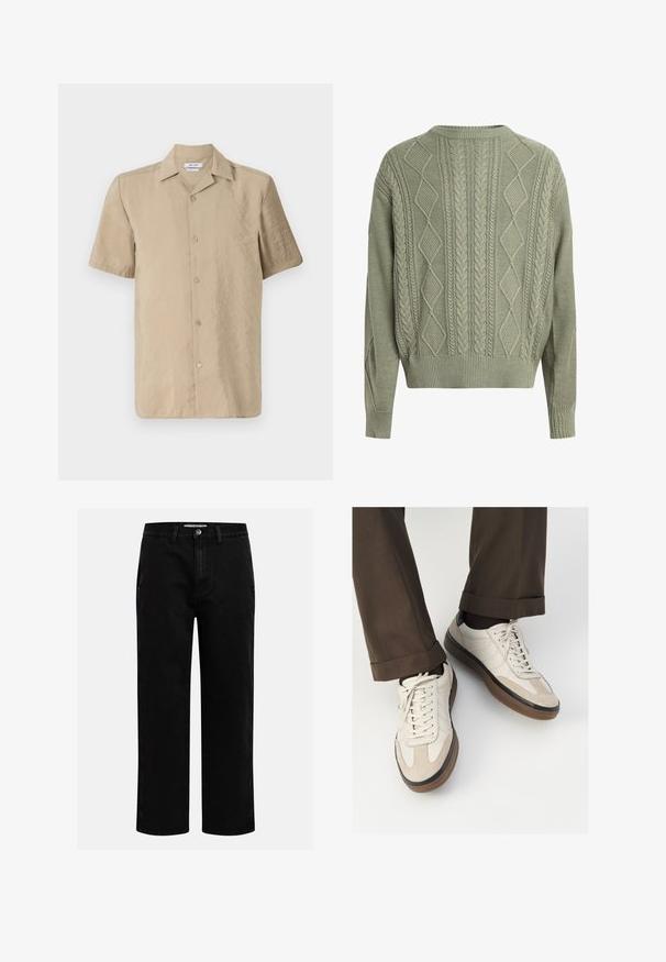 Roheline kaelustik koos diamandi- ja põimitud mustritega, ümmargune kaelus ning soonikkoes varrukate ja hemiga, valmistatud tekstuursed kudumite materjalist.; Beezhiv värviga lühikeste varrukatega särk, mis on valmistatud kergest kangast, nupuga ees, klassikalise kraega ja kerge tekstuuriga pinnaga.; Mustad denim püksid sirge jala kujundiga, klassikaline viie tasku disain ja nööbid kinniuisutamisel. Sile tekstuur ja vastupidav kangas.; Bežid spordijalised, millel on tekstuuriga suede esiosa, siledast nahast küljed ja pruun kummitald. Lisatud on paelad ja heledad õmbluse detailid.