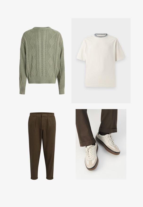 Suéter verde de punto trenzado con patrones de diamantes y trenzas, cuello redondo y puños y dobladillo acanalados, hecho de un material de punto texturizado.; Camiseta de algodón color crema con mangas cortas, que presenta un escote redondo acentuado por franjas en navy y blanco. Textura suave, corte relajado.; Redefined Rebel JOHNNY CROPPED SLIM FIT - Pantalones - tarmac; Zapatillas beige con un frente de ante texturizado, lados de cuero liso y suela de goma marrón. Incluyen cordones y un detalle de costura ligera.