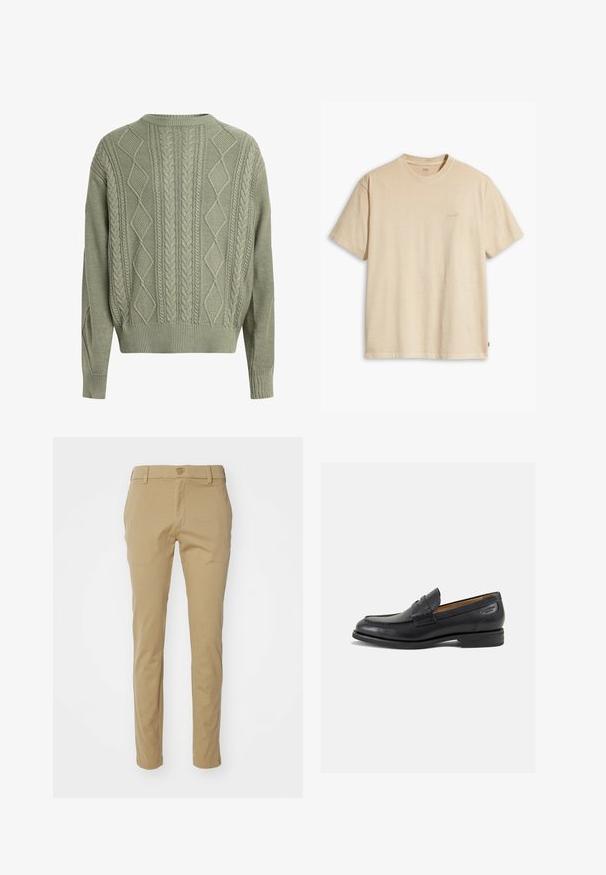 Zelený sveter s káblovým pletením, s diamantovými a vrkočovými vzormi, okrúhlym výstrihom a rebrovanými manžetami a spodným lemom, vyrobený z textúrovaného pleteného materiálu.; Béžové bavlnené tričko s okrúhlym výstrihom a krátkymi rukávmi. Na hrudi je jemné logo "Levi's" v tej istej farbe. Mäkká textúra.; Khaki nohavice vyrobené z ľahkej bavlny, s úzkym strihom, hladkou textúrou a štandardným pásom so zapínaním na horný gombík.; Čierne kožené mokasíny s hladkým povrchom, zaoblenou špičkou a dekoratívnym prešívaním na prednej časti. Nízky kokteilový opätok a jemný lesk.
