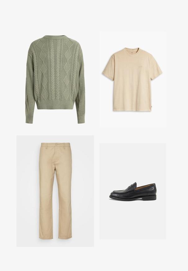 Zeleno pulover iz kabelskih pletenin z diamantnimi in pletenimi vzorci, okroglo izrezom ter rebrastimi manšetami in robom, izdelan iz teksturirane pletenine.; Bež majica s kratkimi rokavi iz bombaža z okroglim izrezom. Na prsih ima subtilen logotip "Levi's" v isti barvi. Mehka tekstura.; Bež chino hlače, ravne nogavice, bombažna mešanica, sprednje zapiranje z gumbom, zanke za pas in obrobljeni robovi. Brez vidnih vzorcev ali dodatkov.; Črne usnjene loafers cipele z gladko površino, zaobljenim nosom in dekorativnim šivom na vampu. Nizek zloženi peti in rahla sijaj.