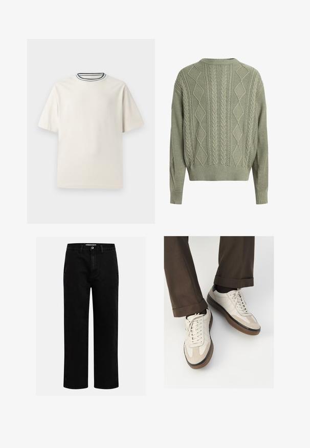 Maglione verde a maglia lavorata a trecce con motivi a rombi e trecce, scollo rotondo, e polsini e orlo a coste, realizzato in un materiale a maglia testurizzato.; T-shirt in cotone color crema con maniche corte, caratterizzato da un collo rotondo decorato da righe blu navy e bianche. Tessuto liscio, vestibilità comoda.; Pantaloni in denim nero con taglio dritto, design classico a cinque tasche e chiusura con bottone in vita. Tessuto liscio e materiale resistente.; Sneakers beige con una parte anteriore in suede testurizzato, lati in pelle liscia e una suola in gomma marrone. Inclusi lacci e dettagli di cucitura leggera.