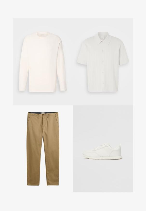 Langermet crewneck skjorte i off-white stoff med en glatt tekstur. Diskret logodetalj på brystet, rett kant og myke mansjetter.; Kortermet skjorte i hvitt stoff med ribbet tekstur, med klassisk krage og knappelukking foran.; Khaki bomullsbukser med rett passform, med sidelommer, knappelukking og en strukturert stoff.; Hvit sneaker med en mesh- og syntetisk overdel, rund tå, flate lisser og en teksturert sidestropp. Gummisåle med en pull-tab bak.