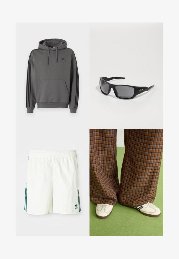 Šedá mikina s klokaní kapsou, černé logo Adidas a černé tři pruhy na rukávech. Vyrobena z měkké, strukturované tkaniny.; Bílé šortky s elastickým pasem, na bocích s zelenými vertikálními pruhy a vyšitým logem Adidas v zelené barvě.; Hnědo-modré kostkované široké kalhoty doplněné bílými botami s černými akcenty a texturovanou podrážkou, umístěné na zeleném pozadí.; Černé sluneční brýle s obdélníkovým tvarem, vyrobené z odolného plastu, s šedými zrcadlovými skly a zlatým akcentem po straně.