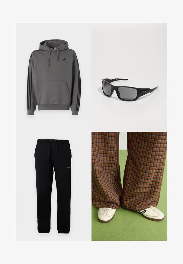 Sudadera gris con bolsillo canguro, logo negro de Adidas y acentos en negro con tres rayas a lo largo de las mangas. Hecha de una tela suave y texturizada.; Pantalones de chándal negros con cintura elástica y cordón, que presentan bolsillos laterales y un pequeño logo impreso en el muslo izquierdo. Tejido suave.; Pantalones de pata de elefante de cuadros marrones y azules combinados con zapatos blancos con detalles en negro y suelas texturizadas, sobre un fondo verde.; Gafas de sol negras con forma rectangular, fabricadas en plástico duradero, con lentes ahumados grises y un acento dorado en el lateral.