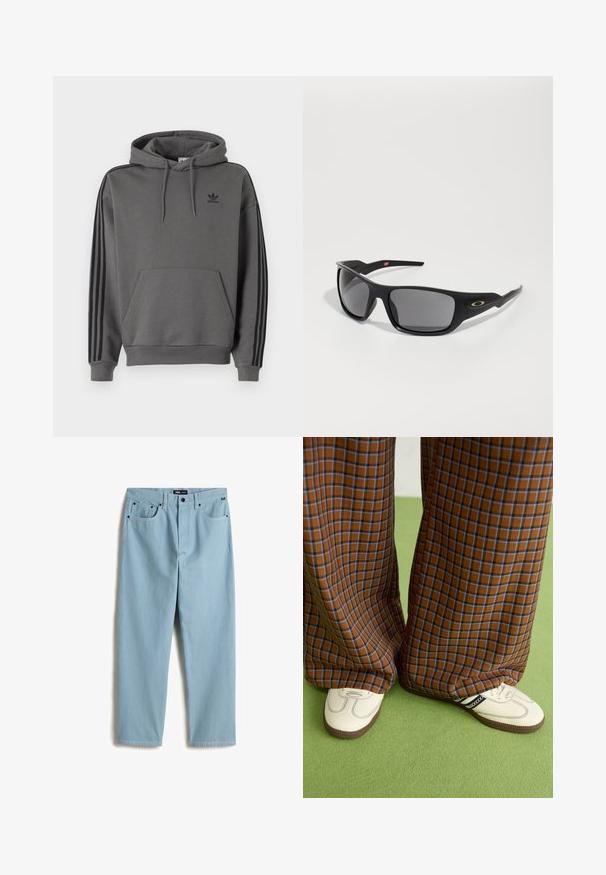 Grauer Kapuzenpullover mit Kängurutasche, schwarzem Adidas-Logo und schwarzen Drei-Streifen-Akzenten an den Ärmeln. Hergestellt aus weichem, strukturiertem Stoff.; Hellblaue, gerade geschnittene Jeans mit fünf Taschen, dezentem Kontraststich und einem Markenlabel am Bund.; Braun und blaue Karohosen mit weitem Bein, kombiniert mit weißen Schuhen mit schwarzen Akzenten und strukturierten Sohlen, vor einem grünen Hintergrund.; Schwarze Sonnenbrille mit rechteckiger Form, aus robustem Kunststoff gefertigt, mit grauen getönten Gläsern und einem goldenen Akzent an der Seite.