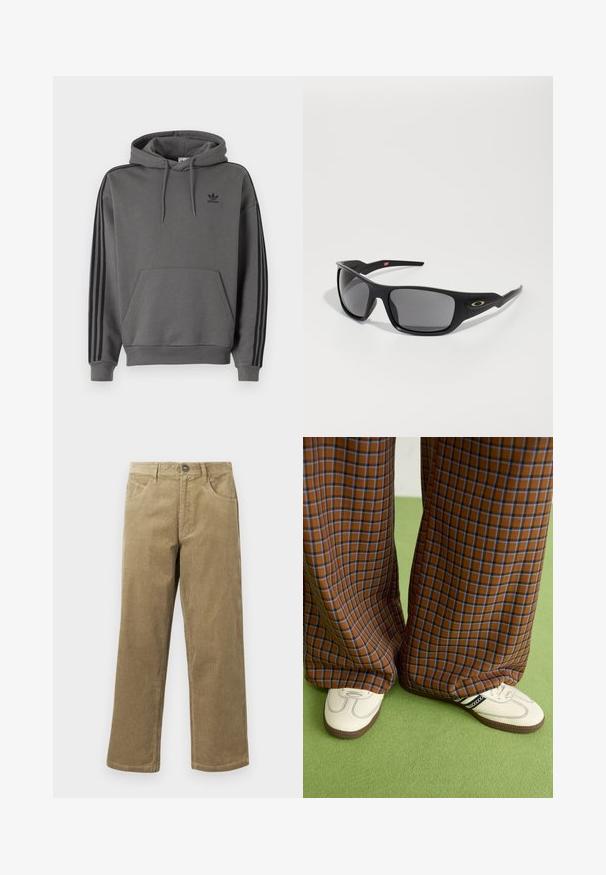 Harmaa huppari, jossa on kengurun tasku, musta Adidas-logo ja mustat kolmi-nauhat hihansuissa. Valmistettu pehmeästä, teksturoidusta kankaasta.; Valkoiset samettihousut vaaleanruskeana, joissa on suora lahkeiden malli, viisi taskua ja napitus. Teksturoitu kangas, jossa on hienovaraiset raidat.; Ruskonsin ja sininen ruutukuvioinen leveälahkeinen housut yhdistettynä valkoisiin kenkiin, joissa on mustia yksityiskohtia ja tekstuuripohjat, vihreää taustaa vasten.; Mustat aurinkolasit, joissa on suorakulmainen muoto, valmistettu kestävästä muovista, harmailla tummennetuilla linsseillä ja kultaisella yksityiskohdalla sivussa.