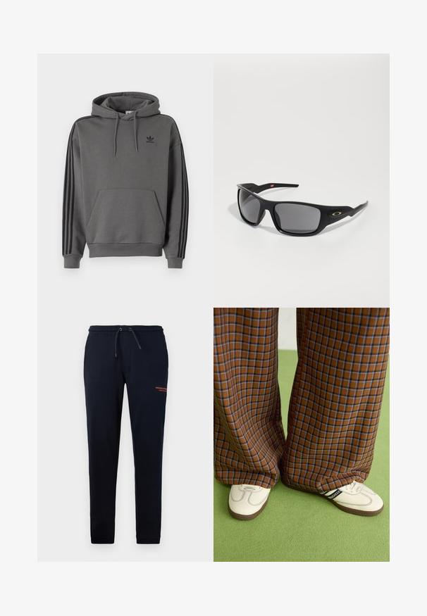 Šedá mikina s klokaní kapsou, černé logo Adidas a černé tři pruhy na rukávech. Vyrobena z měkké, strukturované tkaniny.; Námořnické teplákové kalhoty s šňůrkou v pase, bočními kapsami, zúženými nohavicemi a oranžovým nápisem "WEEKEND OFFICER" na pravém stehně. Měkký materiál z bavlněné směsi.; Hnědo-modré kostkované široké kalhoty doplněné bílými botami s černými akcenty a texturovanou podrážkou, umístěné na zeleném pozadí.; Černé sluneční brýle s obdélníkovým tvarem, vyrobené z odolného plastu, s šedými zrcadlovými skly a zlatým akcentem po straně.