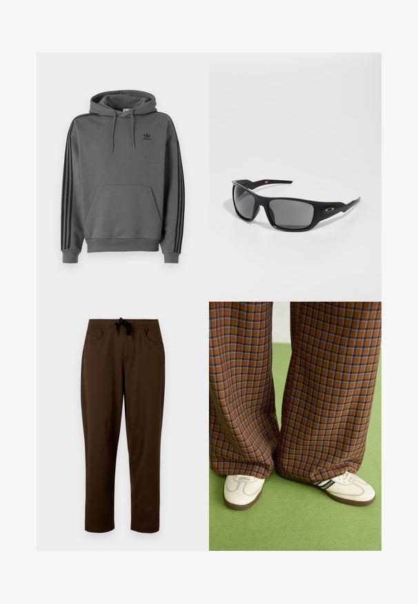 Szary hoodie z kieszenią typu kangur, czarnym logo Adidasa oraz czarnymi akcentami w postaci trzech pasków wzdłuż rękawów. Wykonany z miękkiego, teksturowanego materiału.; Brązowe bawełniane spodnie z elastycznym pasem, dwoma bocznymi kieszeniami i luźnym krojem. Gładka tekstura i prosty krój nogawek.; Brązowo-niebieskie spódnice w kratę o szerokich nogawkach zestawione z białymi butami z czarnymi akcentami i teksturowaną podeszwą, na tle zielonego tła.; Czarne okulary przeciwsłoneczne o prostokątnym kształcie, wykonane z trwałego plastiku, z szarymi przyciemnionymi soczewkami i złotym akcentem z boku.