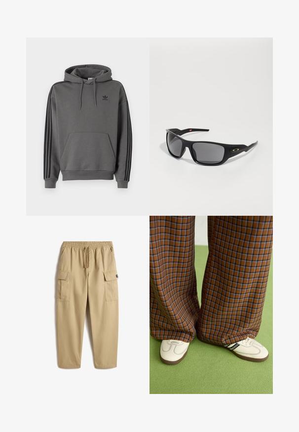 Felpa grigia con tasca a marsupio, logo Adidas nero e strisce nere lungo le maniche. Realizzata in un morbido tessuto testurizzato.; Pantaloni cargo beige con vita elastica e cordoncino. Presenta due tasche laterali e due grandi tasche cargo sulle cosce. Tessuto morbido.; Pantaloni a pieghe larghi a quadri marroni e blu abbinati a scarpe bianche con dettagli neri e suole testurizzate, posizionati su uno sfondo verde.; Occhiali da sole neri con forma rettangolare, realizzati in plastica resistente, con lenti grigio scure e un accento dorato sul lato.