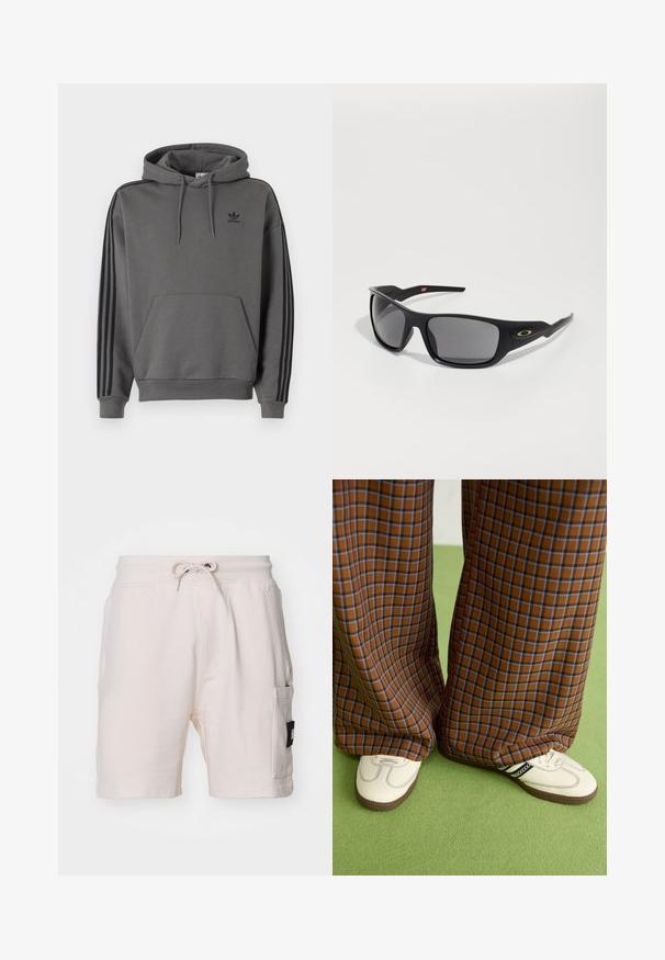 Gray hoodie with a kangaroo pocket, black Adidas logo, and black three-stripe accents along sleeves. Made of soft, textured fabric.; Light beige cotton shorts with an elastic waistband, drawstring, side pockets, and a notable black patch label on the side.; Brown and blue plaid wide-leg trousers paired with white shoes featuring black accents and textured soles, set against a green background.; Black sunglasses with a rectangular shape, made of durable plastic, featuring gray tinted lenses and a gold accent on the side.