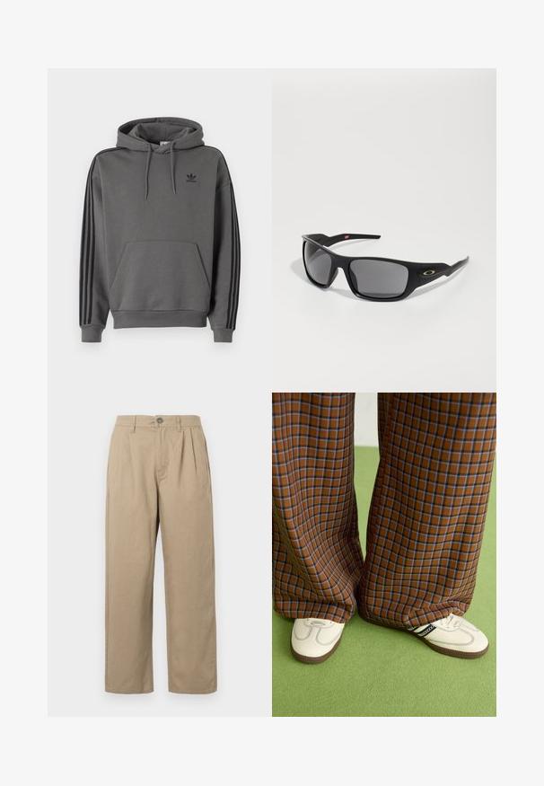 Gray hoodie with a kangaroo pocket, black Adidas logo, and black three-stripe accents along sleeves. Made of soft, textured fabric.; Beige high-waist trousers with pleats, belt loops, button closure, and straight legs on a white background.; Brown and blue plaid wide-leg trousers paired with white shoes featuring black accents and textured soles, set against a green background.; Black sunglasses with a rectangular shape, made of durable plastic, featuring gray tinted lenses and a gold accent on the side.