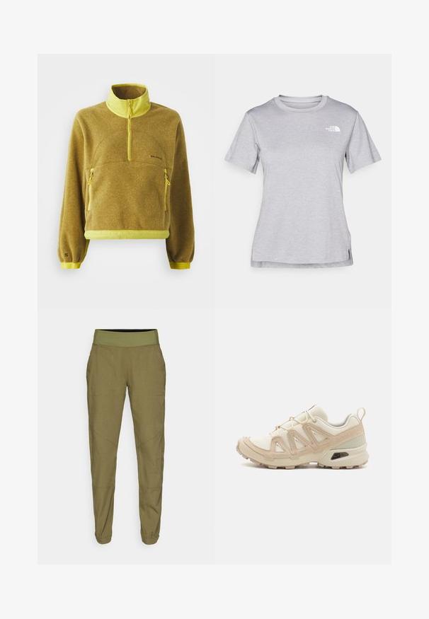 Salomon CHROMA CROP - Flīsa džemperis - brilliant olive/cress green; Pelēks īsām piedurknēm T-krekls, kas izgatavots no mīksta, mitrumu noturoša auduma. Tam ir apaļš kakls un neliels balts logo kreisajā augšējā stūrī.; Olivu zaļi šaurie bikses ar elastīgu jostasvietu, viegla auduma un divām sānu kabatām. Satur delikātu šuvumu un apstrādātus apakšgalus.; Beige un krēma sporta apavi ar strukturētu tīkla virsmu, atbalstošajiem slāņiem un gumijas zoli ar protektoru rakstu, kas nodrošina saķeri.