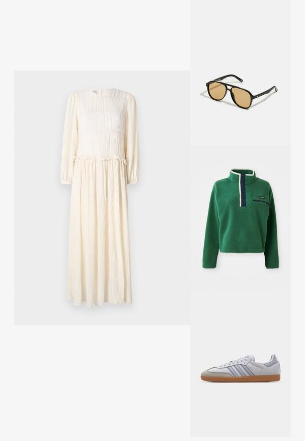 Zaļš vilnas džemperis ar augstu apkakli, tumši zilām pogām un kabatu ar rāvējslēdzēju. Tam ir mīksta tekstūra un kontrastējoša krēmkrāsas apdare.; Garš naktskrēslas krēmkrāsā ar garām piedurknēm, teksturētu audumu, izplešamu bodice un viļņotu apakšmalu. Vieglas un plūstošas formas dizains.; Baltas ādas sporta apavi ar gaiši ziliem akcentiem, pelēka zamša purngala un brūnas gumijas zole. Iezīmē trīs zilas svītras un "Samba" zīmolu.; Melnas saulesbrilles ar brūnā tonītiem stikliem; taisnstūra forma ar biezu rāmi, ieskaitot smalku aparatūru akcentu uz tempļiem.