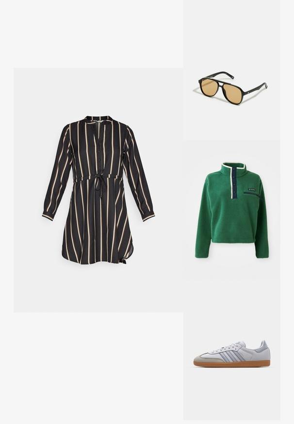 Roheline fliispullover kõrge kraega, tumesinise nööpide ridadaga ja lukuga taskuga. Omab pehmet tekstuuri ja kontrastset kreemjat äärist.; Must mustaga vertikaalsete kreemjate triipudega, nööpidega ees, krae, pikad varrukad ja tõmbluku pealne vööde, millel on seotud aksessuaar. Pehme kanga tekstuur.; Valged nahast tossud helesiniste detailidega, hallist suede'ist varvas ja pruun kummitald. Omab kolme sinist triipu ja "Samba" brändimist.; Mustad pruunide läätsedega mustad prillid; ristkülikukujuline kuju paksu raamiga, sealhulgas peened metallist aksessuaarid templites.